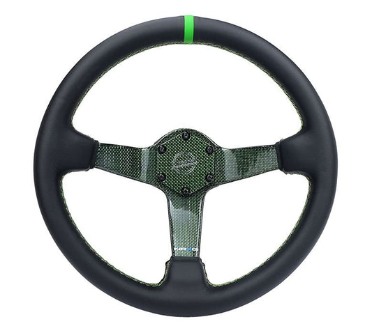 NRG Innovations® Carbon Fiber Steering Wheel 350MM Green Carbon Fiber, Green Stiching, Green Center Mark, Leather - Partsaccessoriesusa