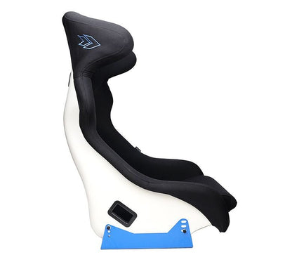 NRG Innovations® FRP Bucket Seat - White finish w/Arrow Embroidery and Blue Side Mount Bracket (Perfect for Racing Sim Rig) - Partsaccessoriesusa