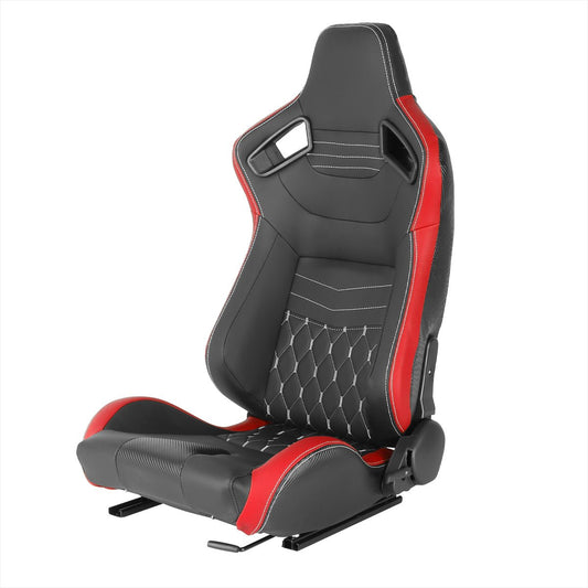 Spec-D Tuning RACING SEAT - BLACK WITH RED PVC WITH WHITE STITCHING - LEFT SIDE - Partsaccessoriesusa