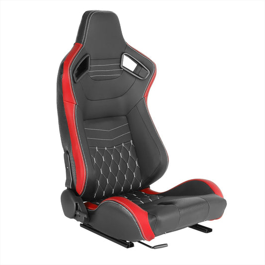 Spec-D Tuning RACING SEAT - BLACK WITH RED PVC WITH WHITE STITCHING - RIGHT SIDE - Partsaccessoriesusa
